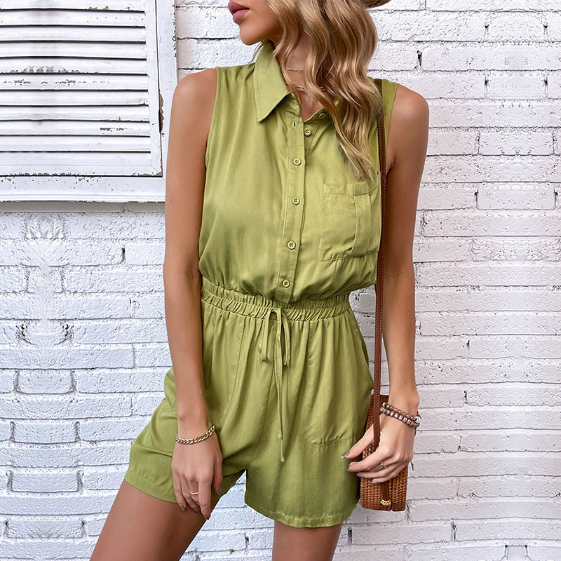 Pocket Collared Sleeveless Romper