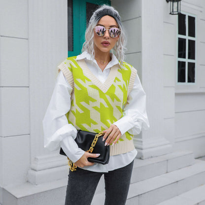 Casual Houndstooth Pattern Sweater Vest
