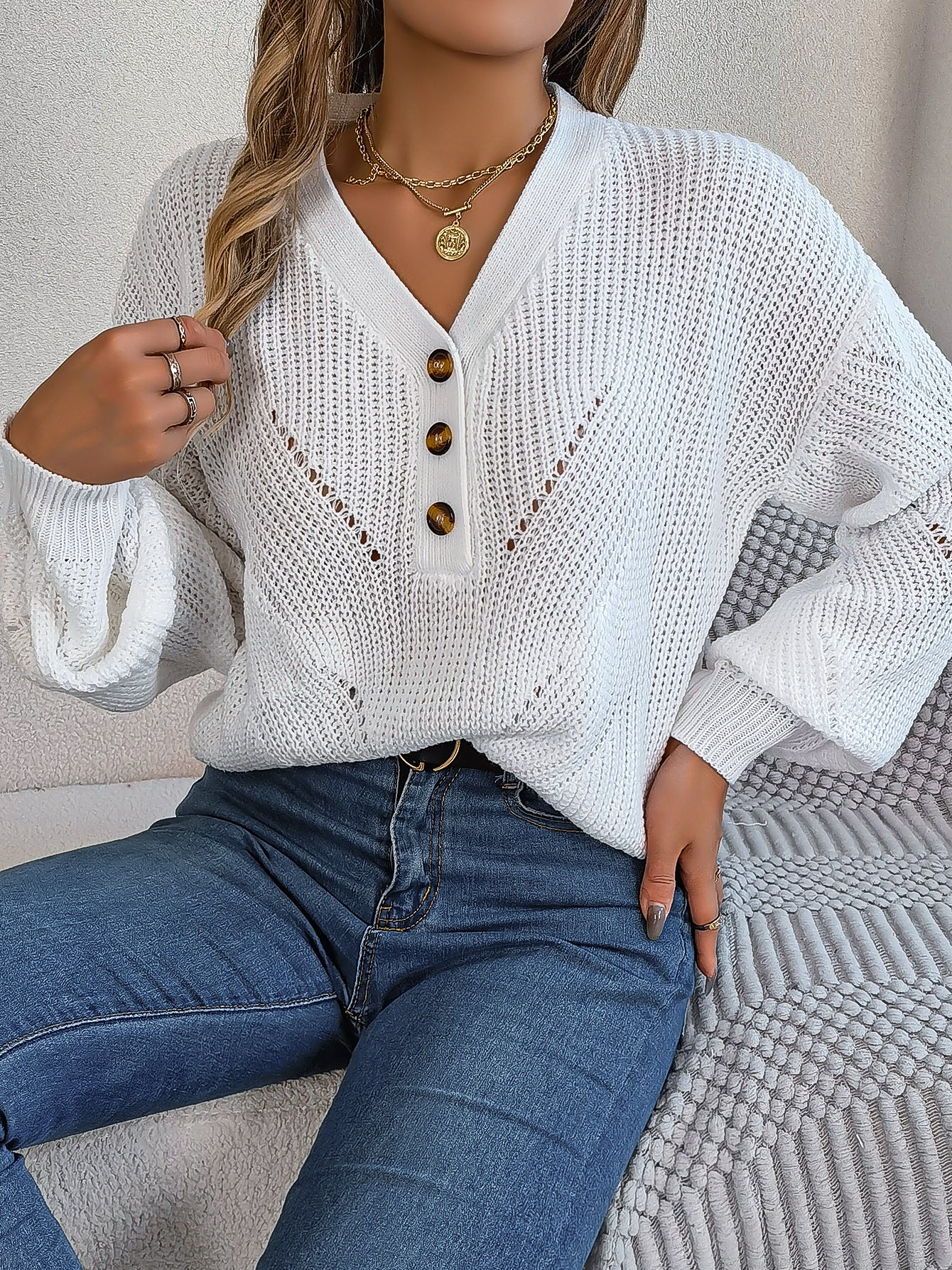 Elegant Hollow Out Buttoned Lantern Sleeve Sweater