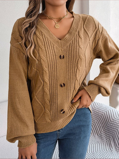 Button Twist Knit Lantern Sleeve Pullover Sweater