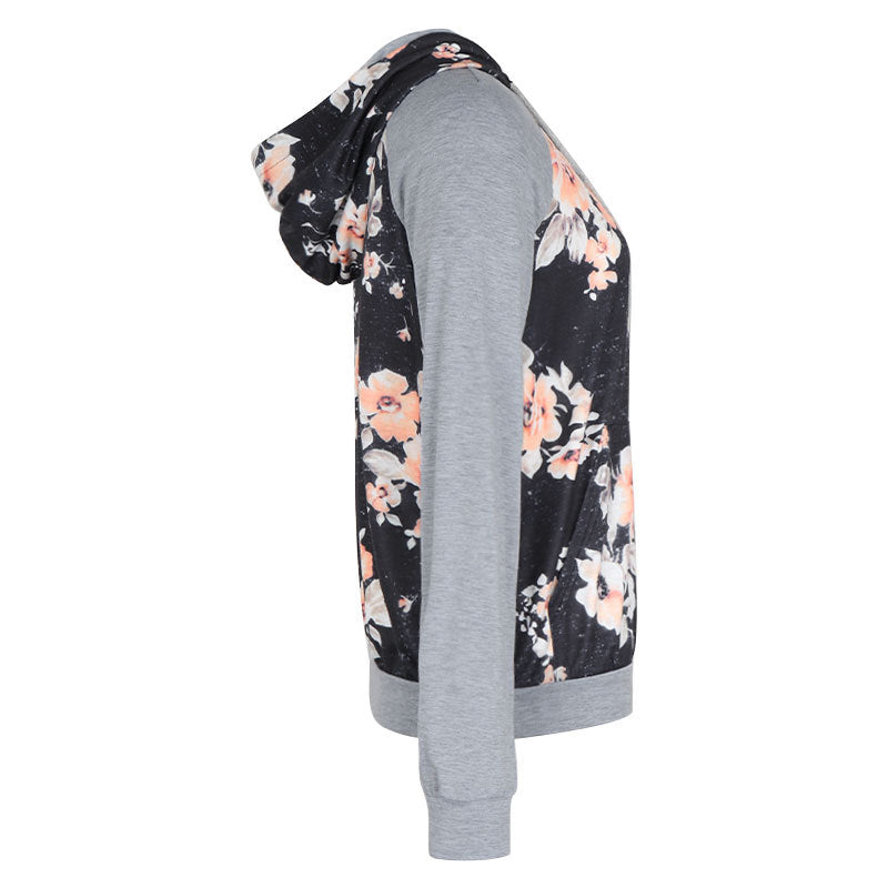 Casual Floral Long Sleeve Patchwork Hoodie