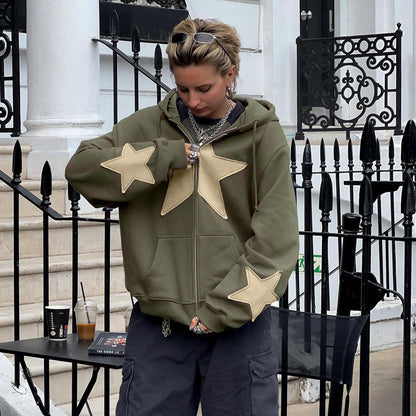 Star Patch Casual Zipper Hoodie