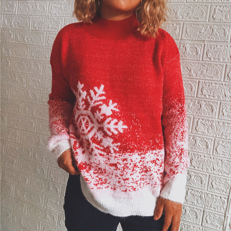 Christmas Half High Collar Snowflake Knitted Pullover Sweater