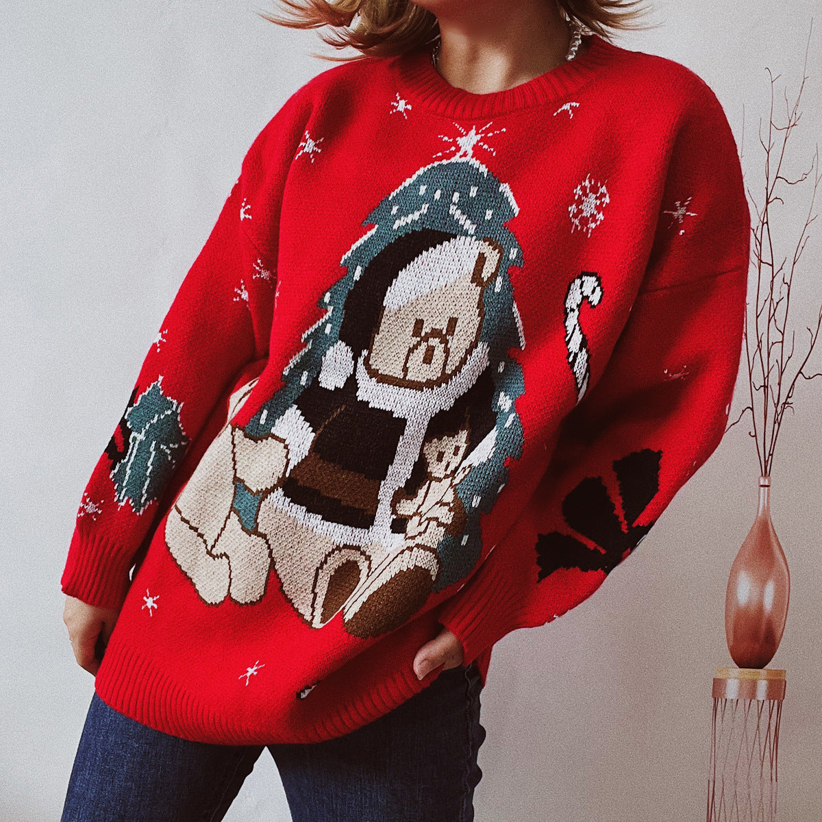 Christmas Bear Embroidered Casual Thick Pullover Sweater