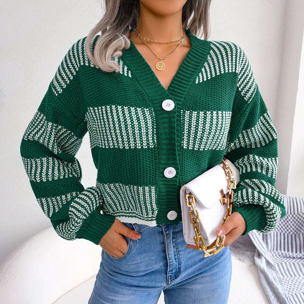 Eleganter, gestreifter Pullover-Cardigan mit Laternenärmeln