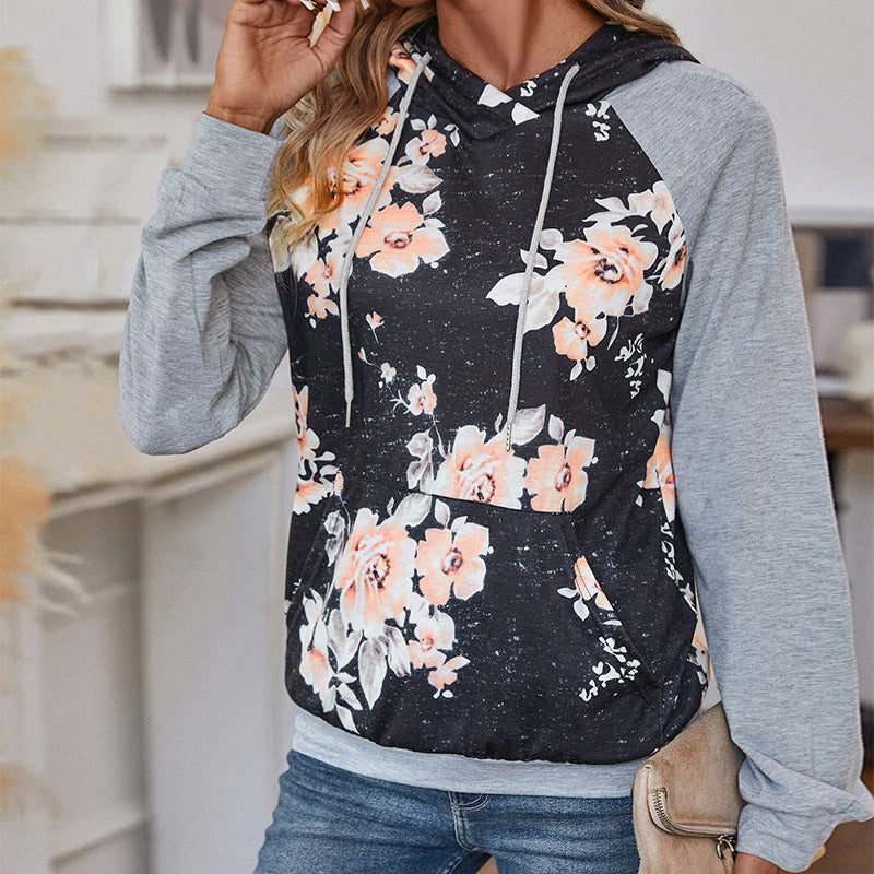 Casual Floral Long Sleeve Patchwork Hoodie