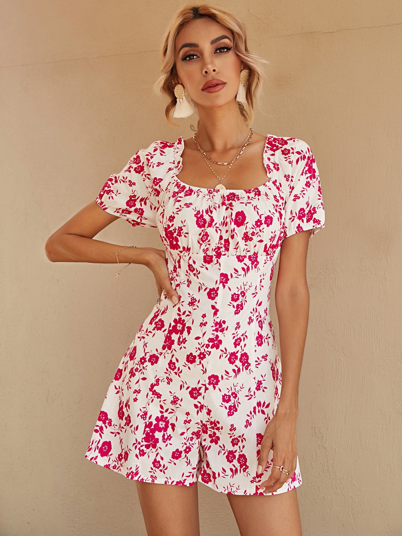 Elegant Floral Printed Back Lace Romper