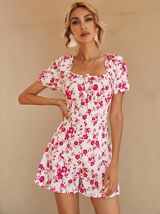 Elegant Floral Printed Back Lace Romper