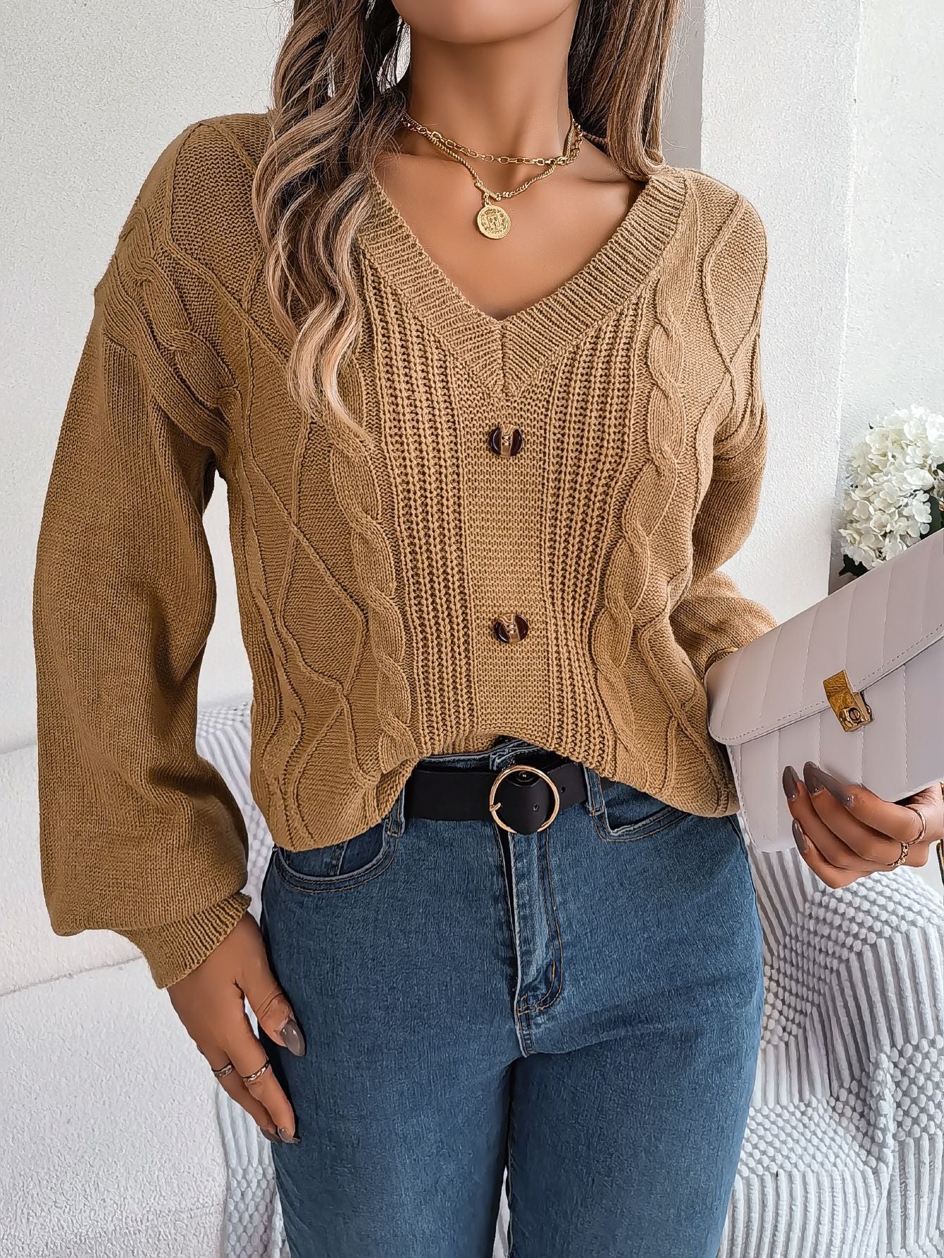 Button Twist Knit Lantern Sleeve Pullover Sweater