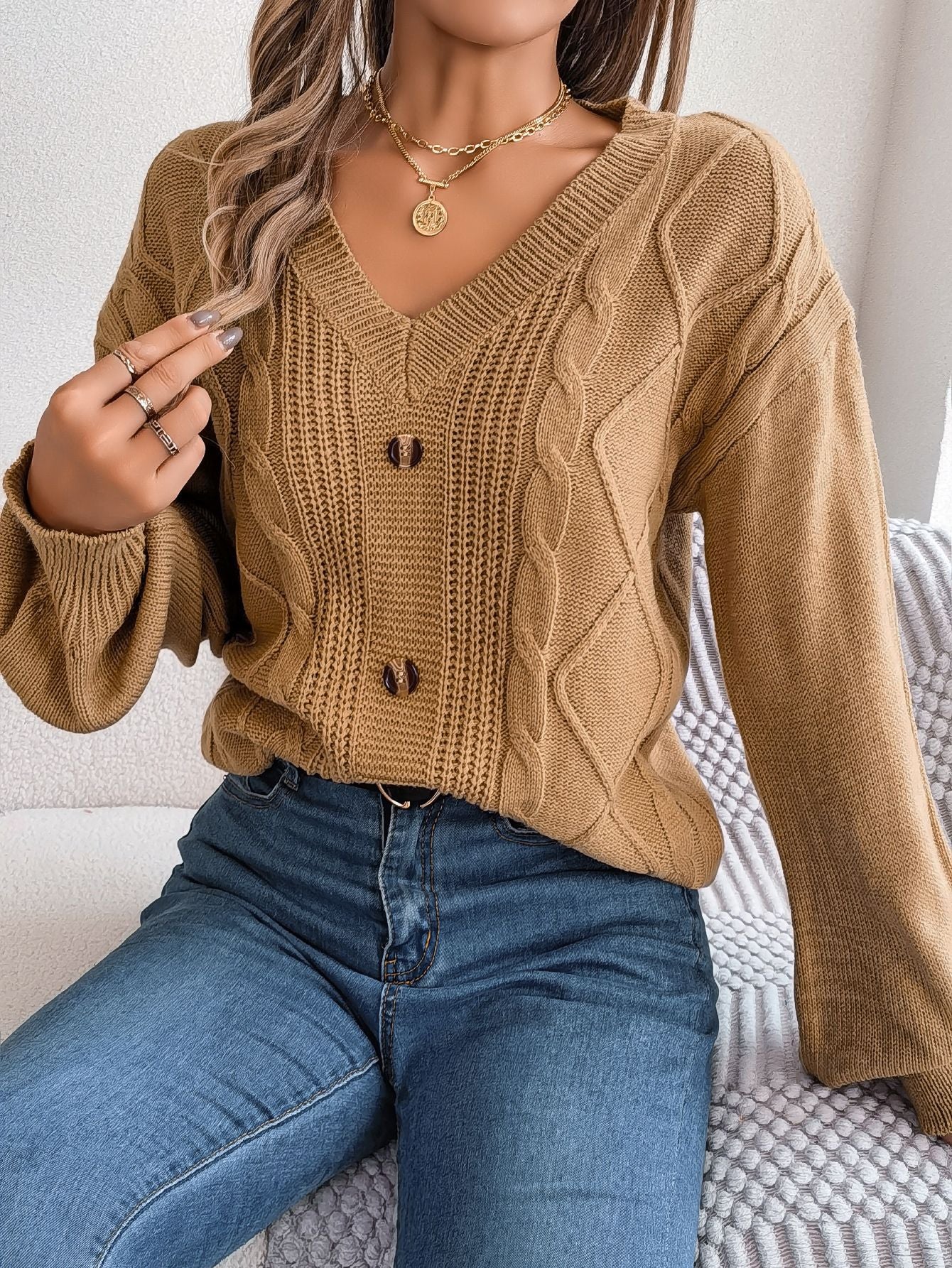 Button Twist Knit Lantern Sleeve Pullover Sweater