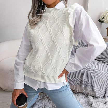 Winter Elegant Diamond Knitted Ruffle Sweater Vest