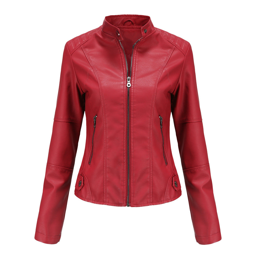 Stand Collar Zipper Leather Jacket Coat