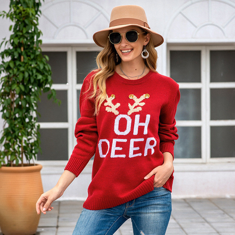 OH DEER Printed Long Sleeve Pullover Sweater