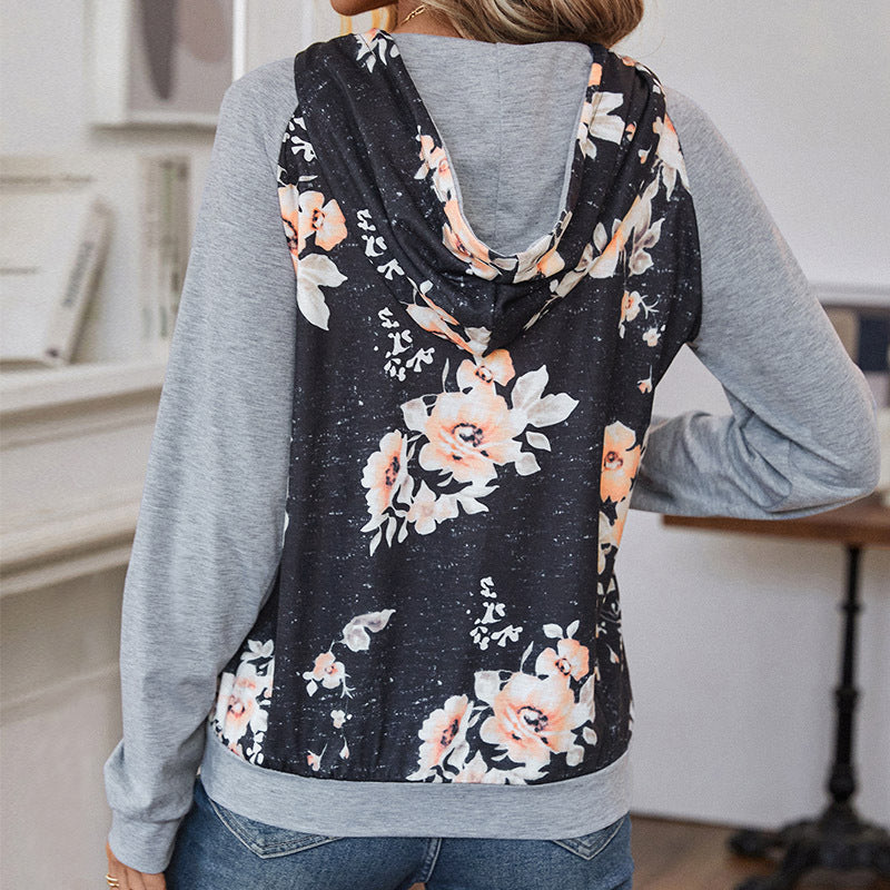 Casual Floral Long Sleeve Patchwork Hoodie