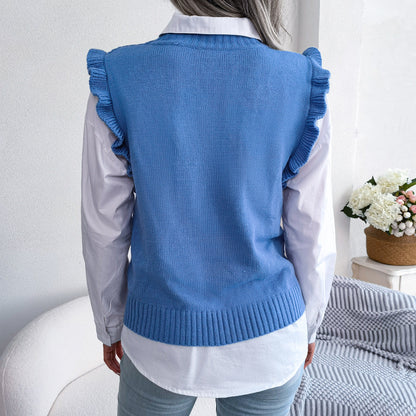 Winter Elegant Diamond Knitted Ruffle Sweater Vest