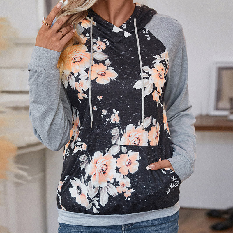 Casual Floral Long Sleeve Patchwork Hoodie