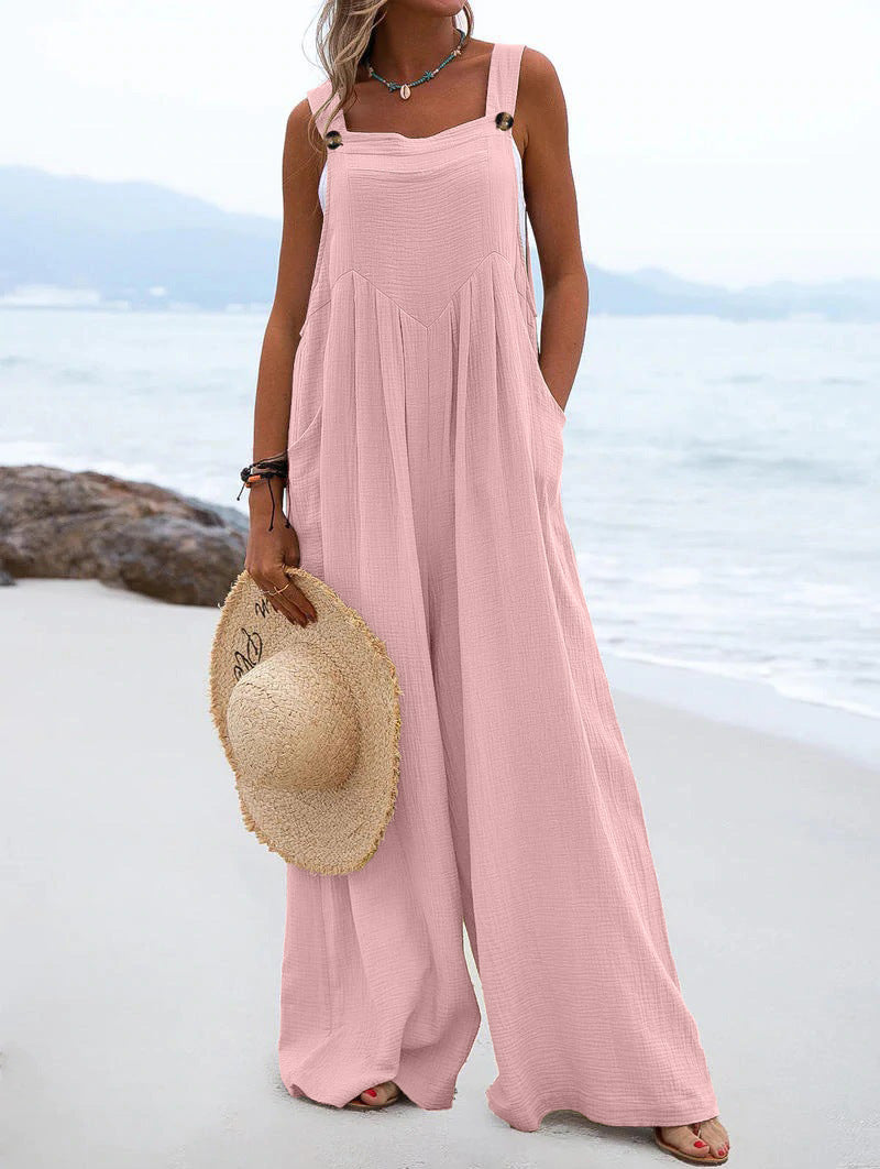 Ethnic Style Summer Solid Color Wide Leg Jumpsuit