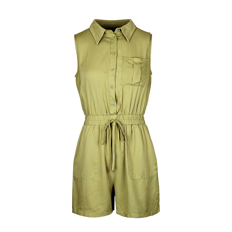 Pocket Collared Sleeveless Romper