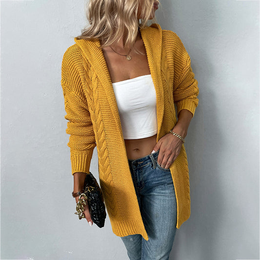 Casual Hooded Twist Pattern Knitwear Cardigan