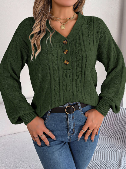 Twist Button Lantern Sleeve Pullover Sweater