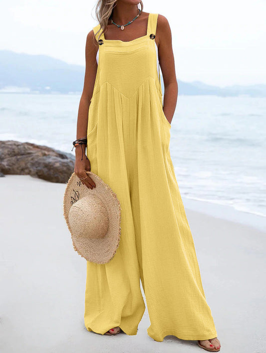 Ethnic Style Summer Solid Color Wide Leg Jumpsuit