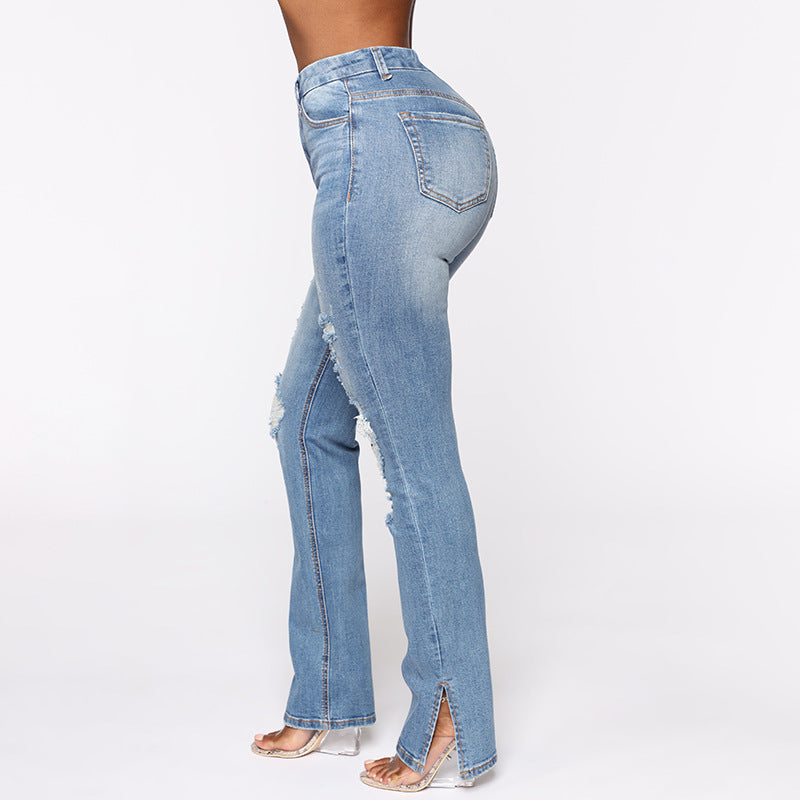 Casual Ripped Hem Split Stretchy Jeans