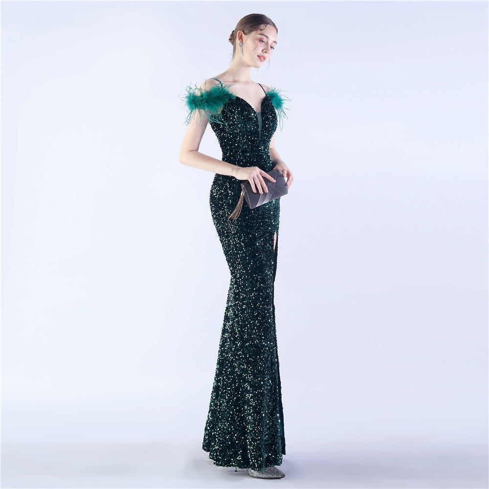 Crafted Feather High Density Sequined Long Dress