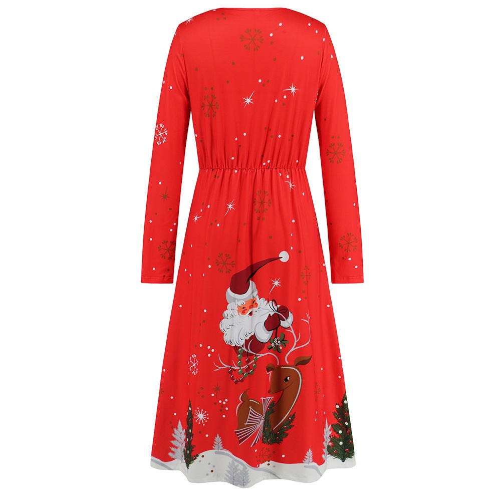 Long Sleeved Christmas Printed Party Play Maxi Dress