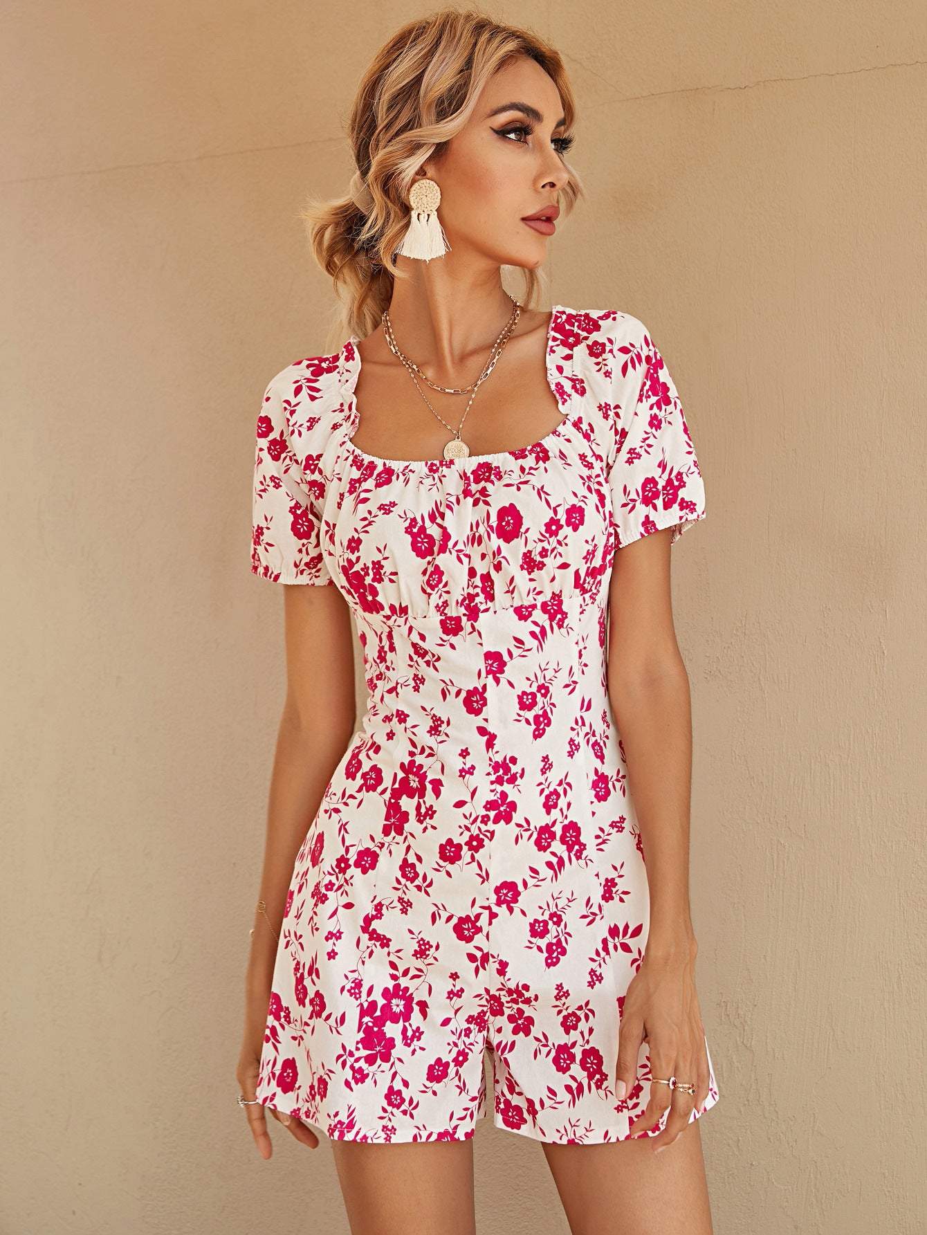 Elegant Floral Printed Back Lace Romper