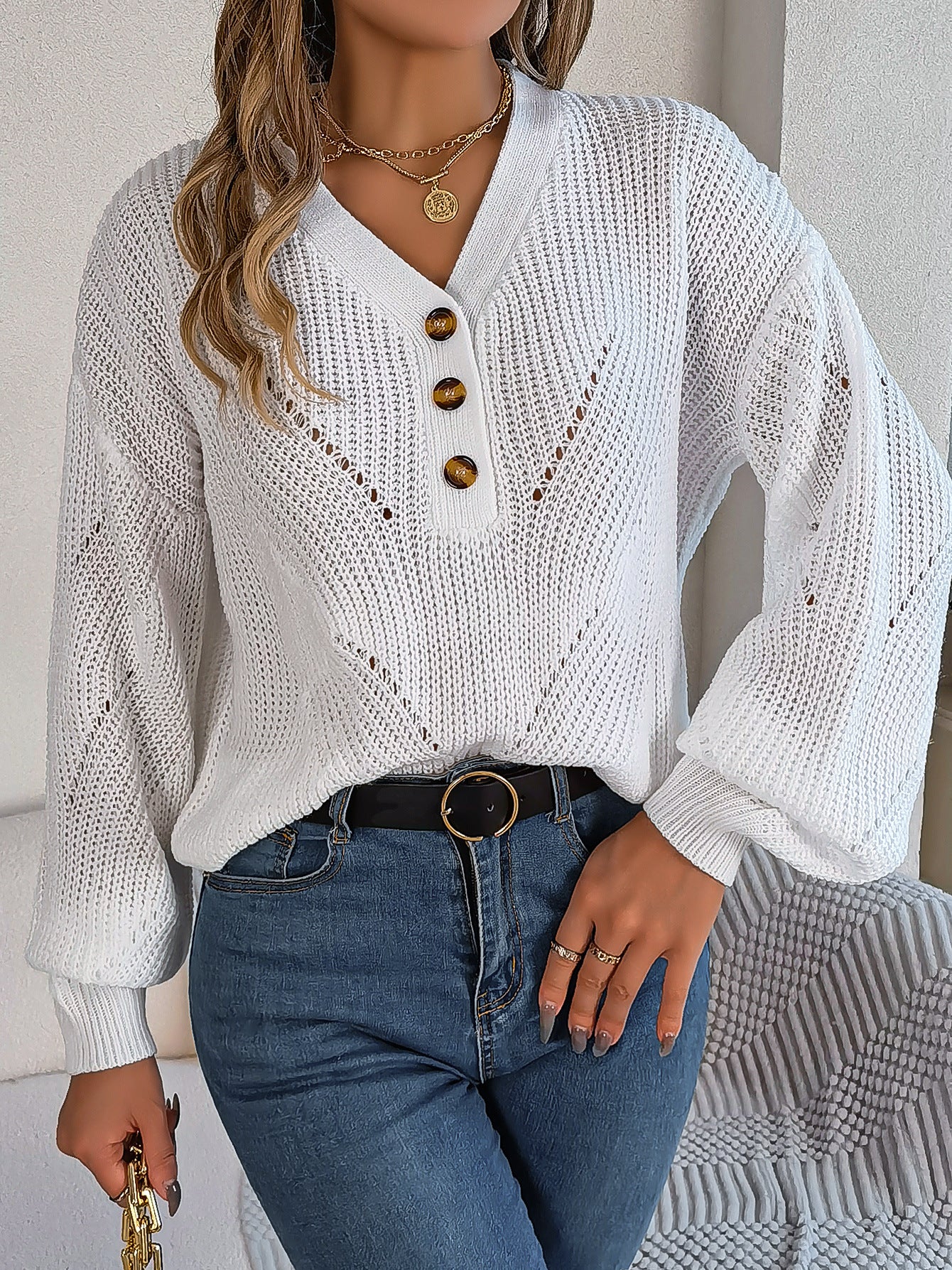 Elegant Hollow Out Buttoned Lantern Sleeve Sweater