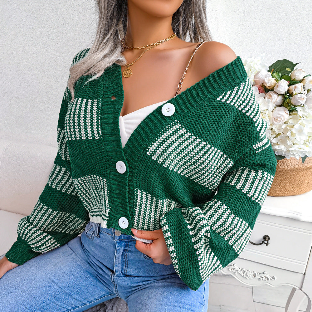 Eleganter, gestreifter Pullover-Cardigan mit Laternenärmeln