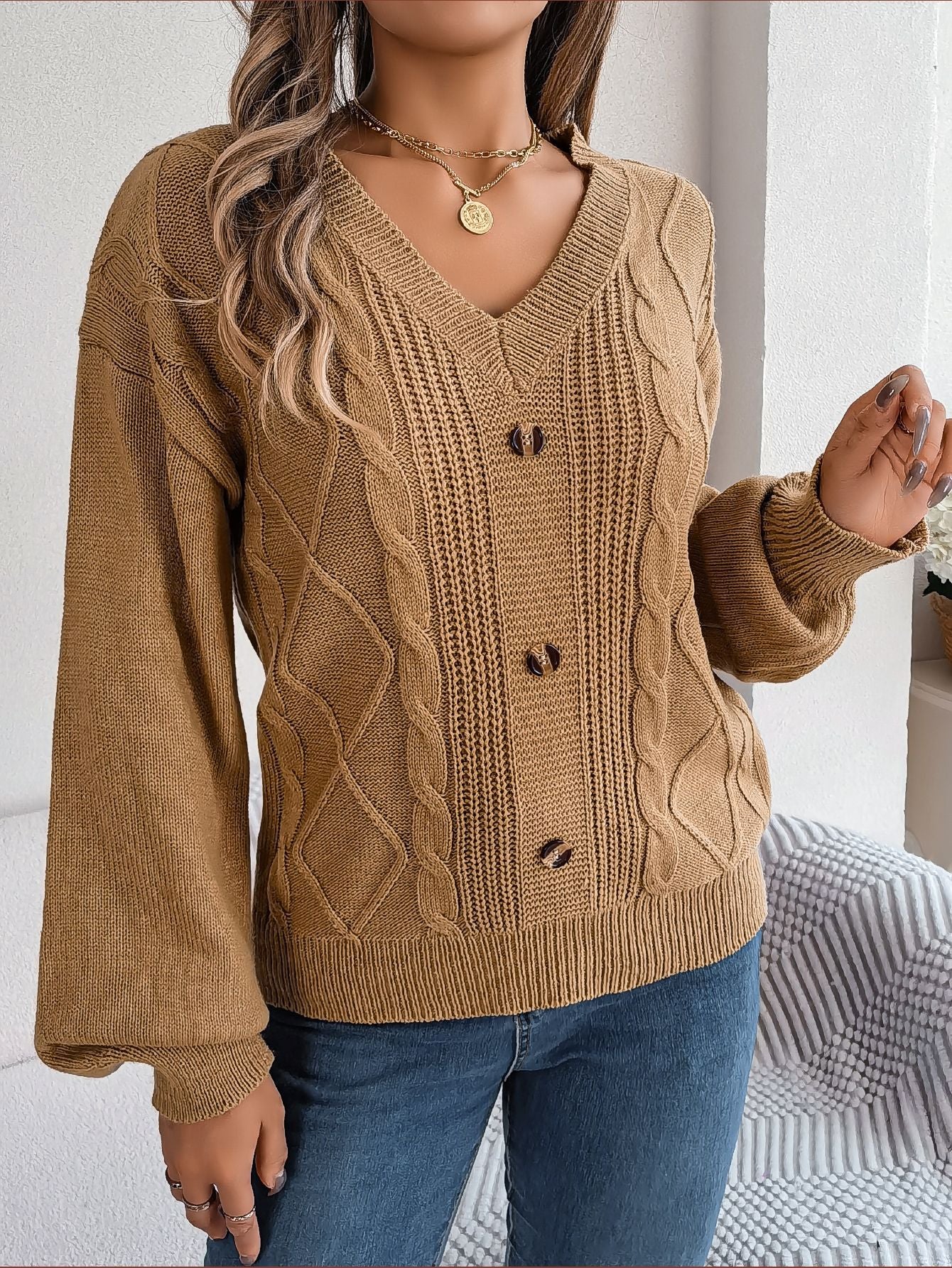 Button Twist Knit Lantern Sleeve Pullover Sweater