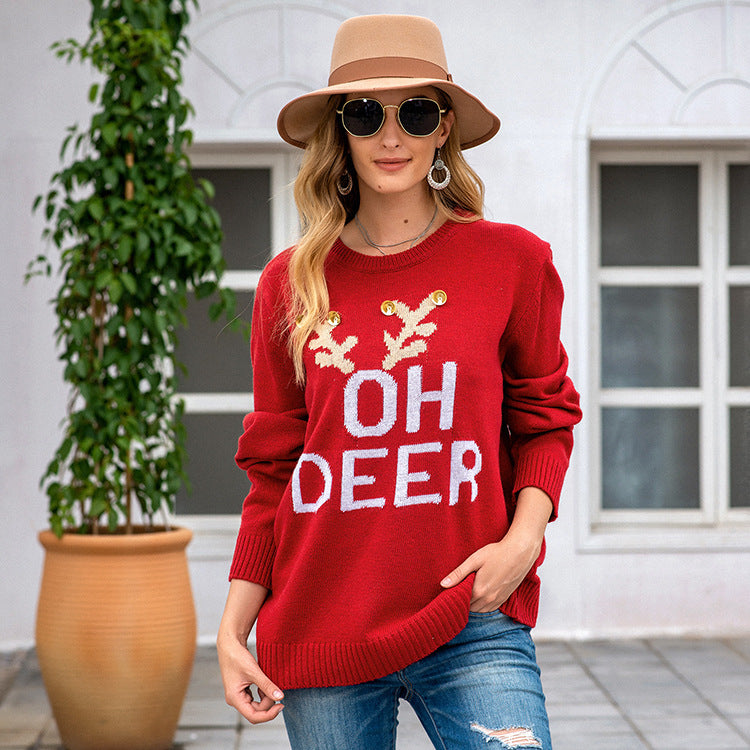 OH DEER Printed Long Sleeve Pullover Sweater