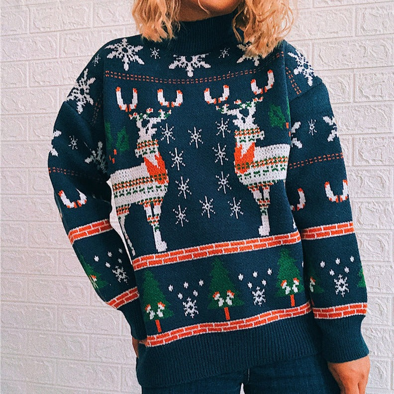 Weihnachts-Elch-Schneeflocken-Baum-Strickpullover