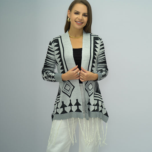 Winter Diamond Plaid Tassel Knitted Cardigan Sweater