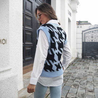Casual Houndstooth Pattern Sweater Vest