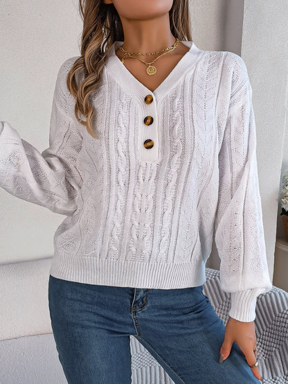 Twist Button Lantern Sleeve Pullover Sweater