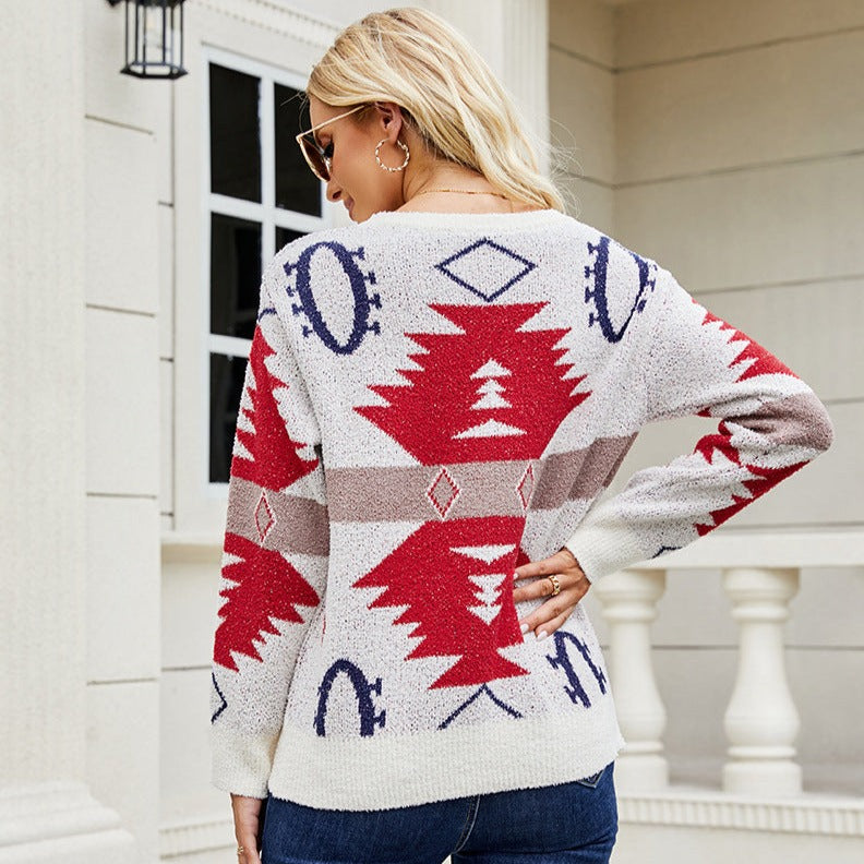 Christmas Geometric Pattern Long Sleeve Sweater