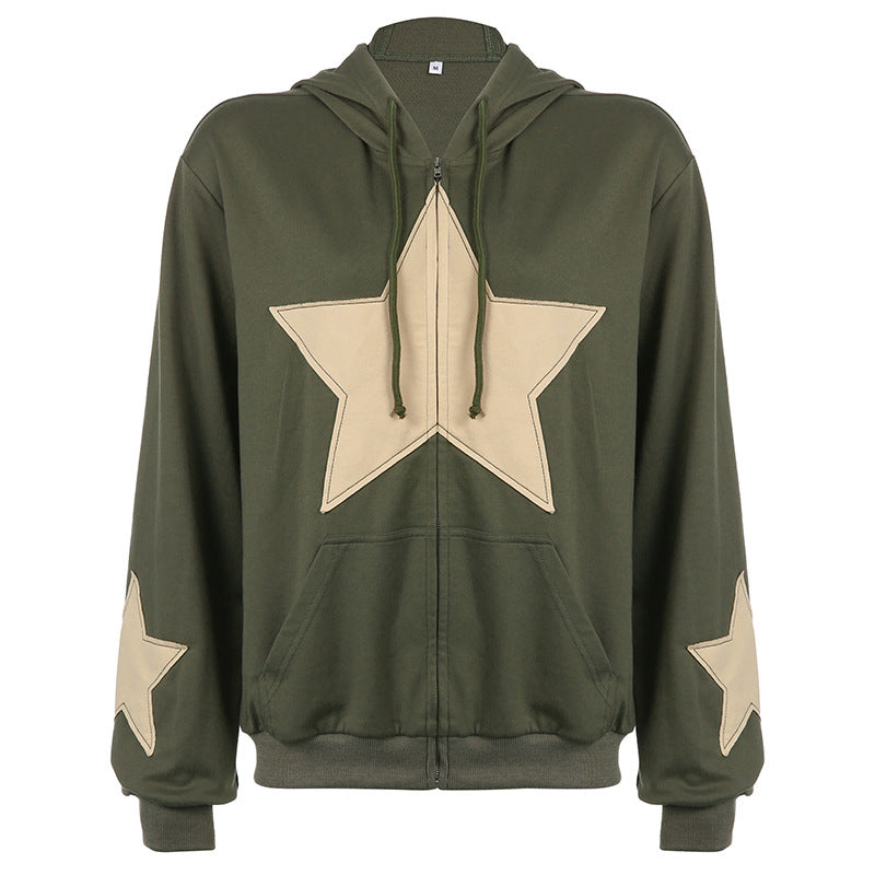 Star Patch Casual Zipper Hoodie