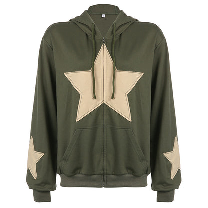 Star Patch Casual Zipper Hoodie