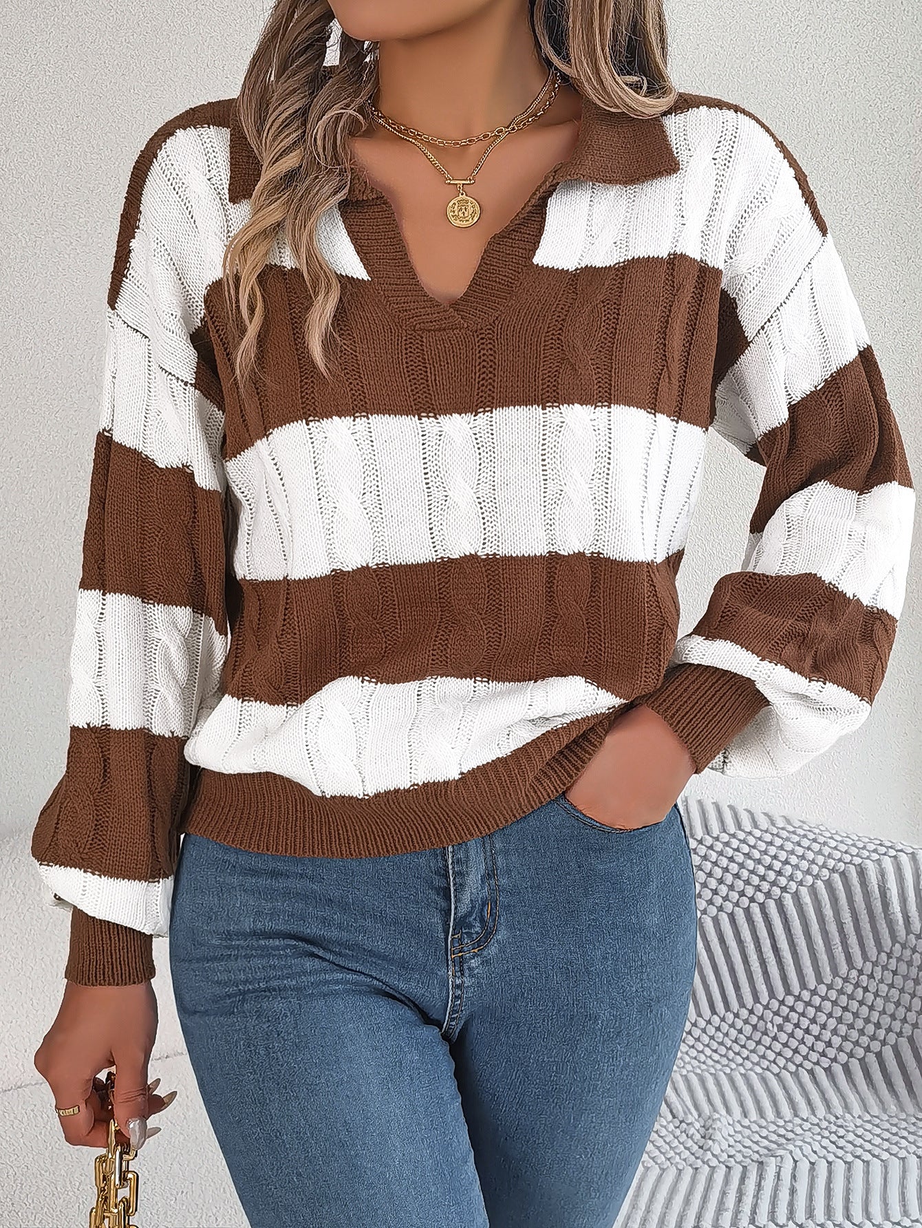 Winter Twist Lantern Striped Casual Pullover Sweater