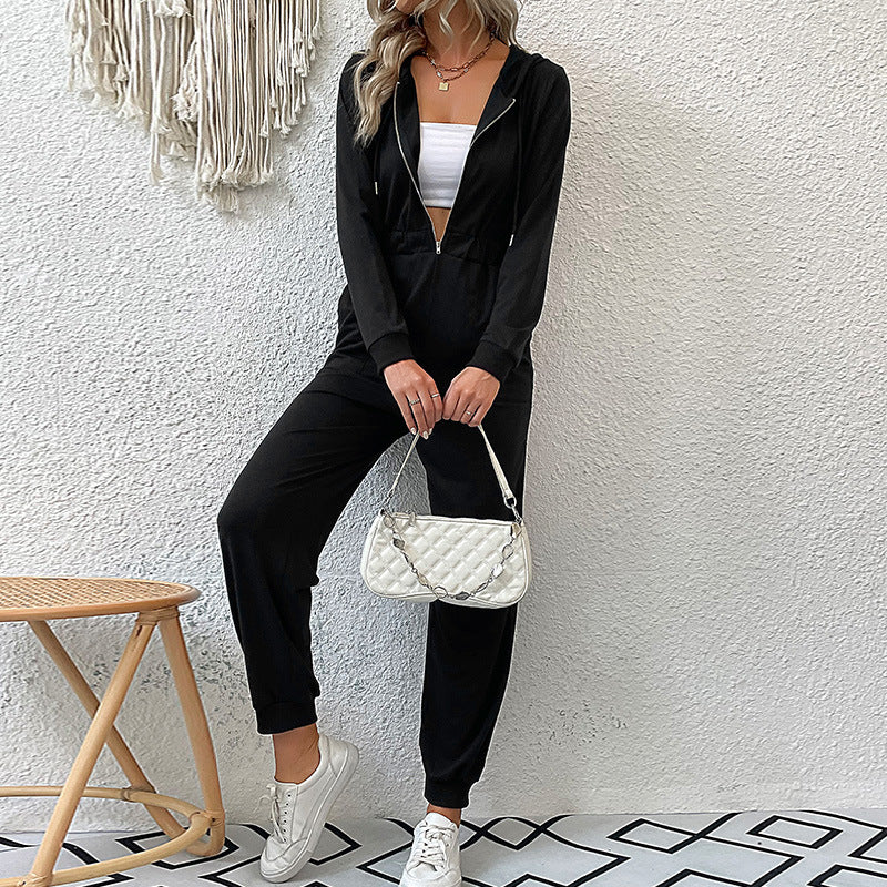 Casual Long Sleeve Hooded Zipper Jumpsuit