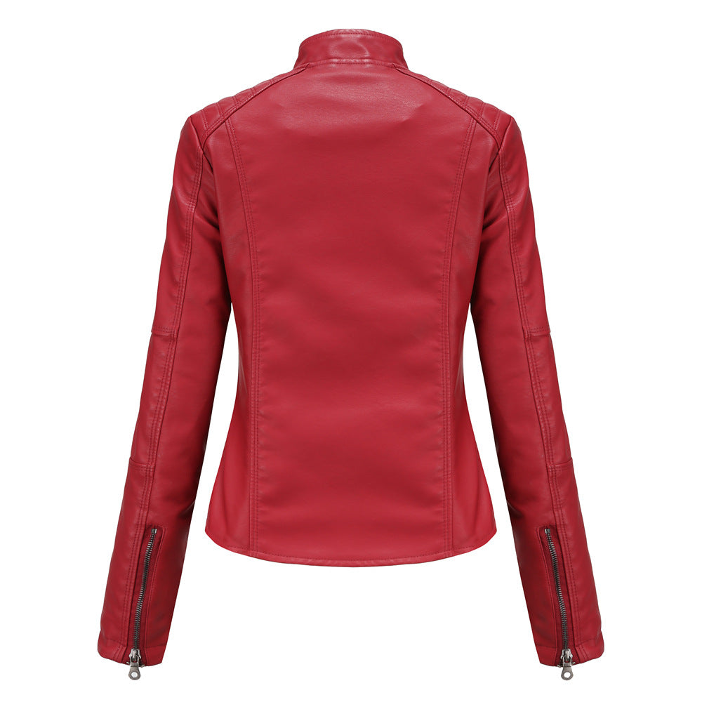 Stand Collar Zipper Leather Jacket Coat