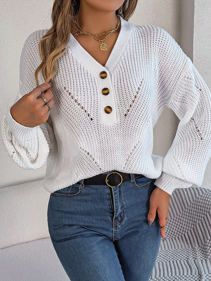Elegant Hollow Out Buttoned Lantern Sleeve Sweater