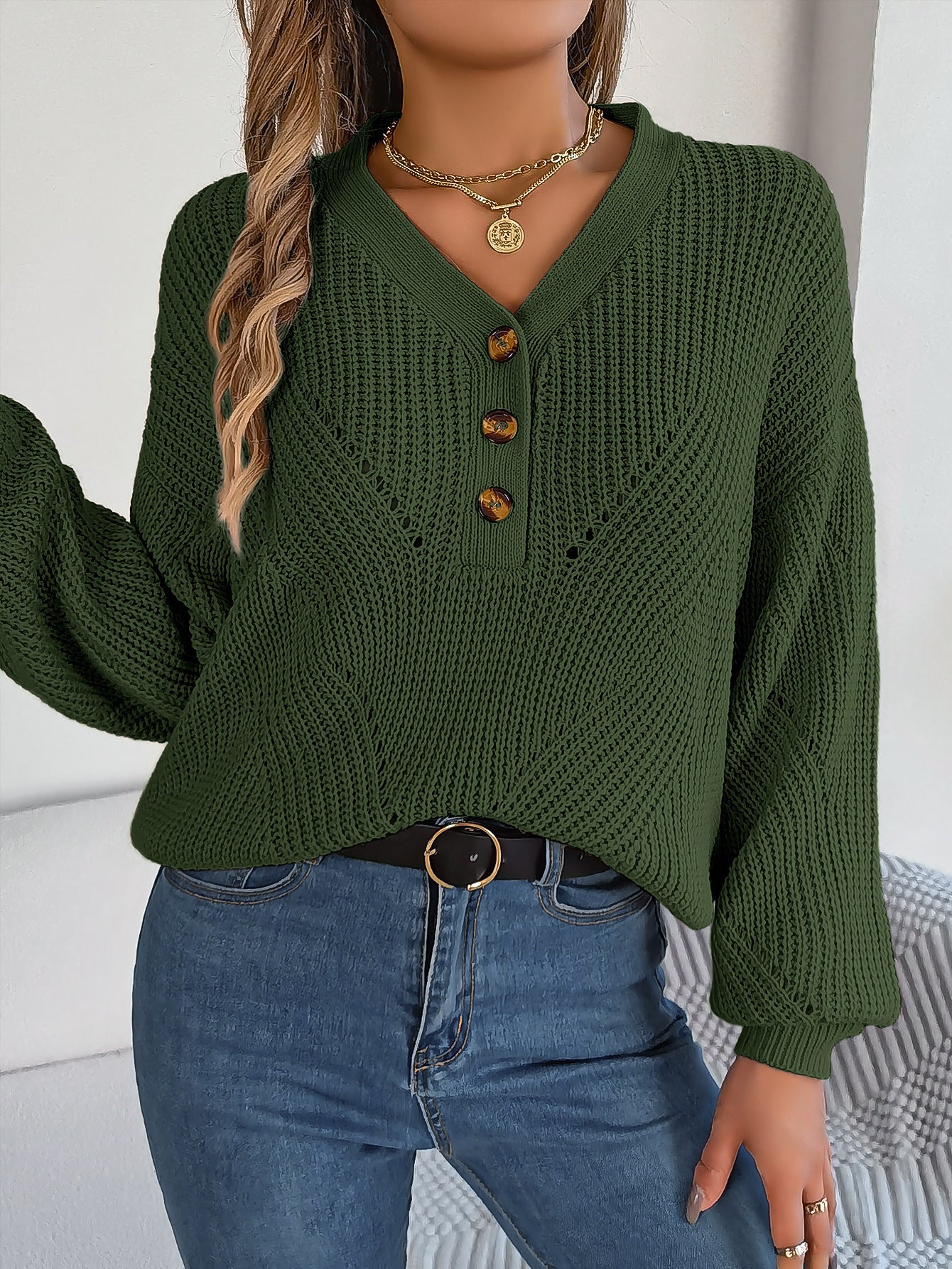 Elegant Hollow Out Buttoned Lantern Sleeve Sweater