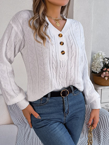 Twist Button Lantern Sleeve Pullover Sweater