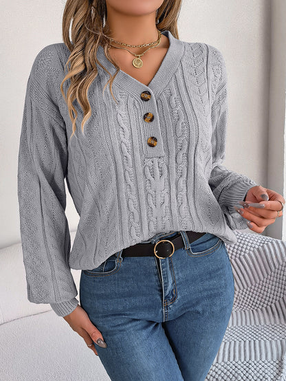 Twist Button Lantern Sleeve Pullover Sweater