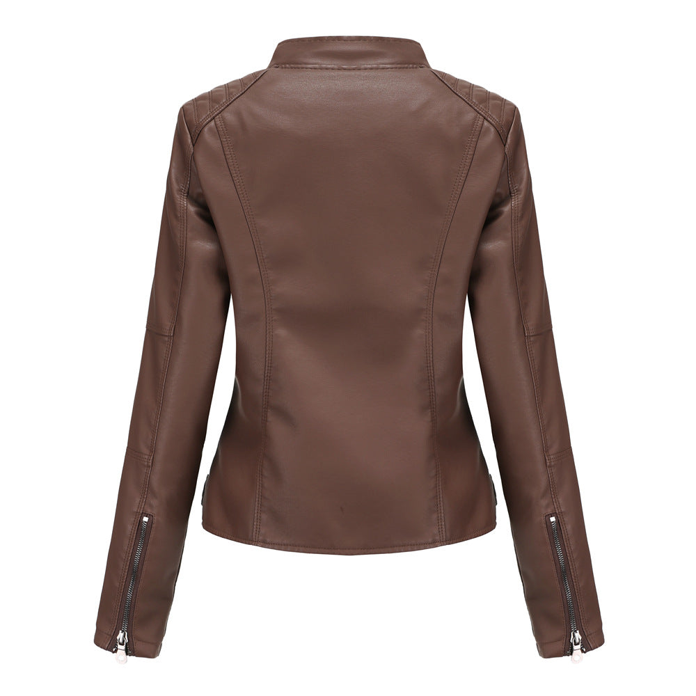 Stand Collar Zipper Leather Jacket Coat