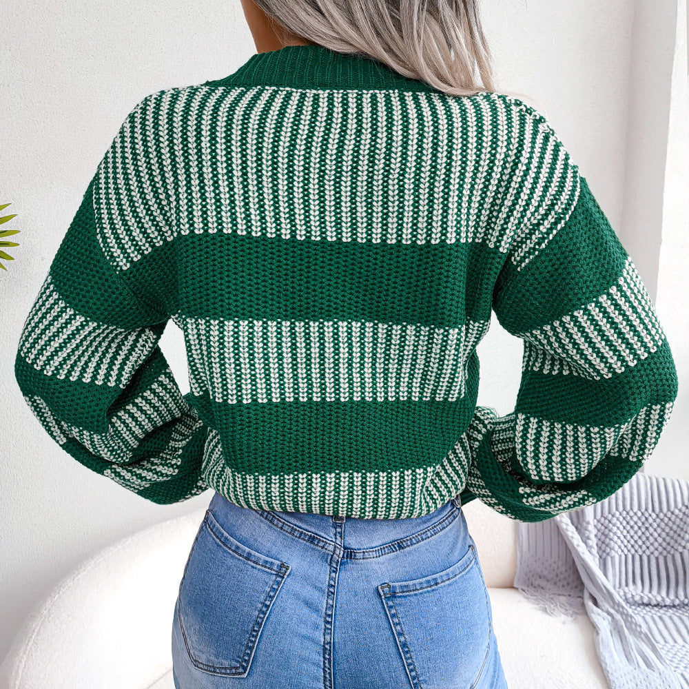 Eleganter, gestreifter Pullover-Cardigan mit Laternenärmeln