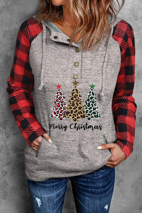 Christmas Tree Graphic Plaid Knitted Drawstring Hoodie